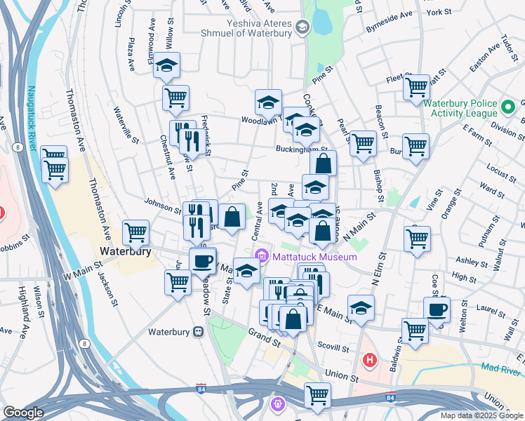 map of restaurants, bars, coffee shops, grocery stores, and more near 17 2nd Avenue in Waterbury
