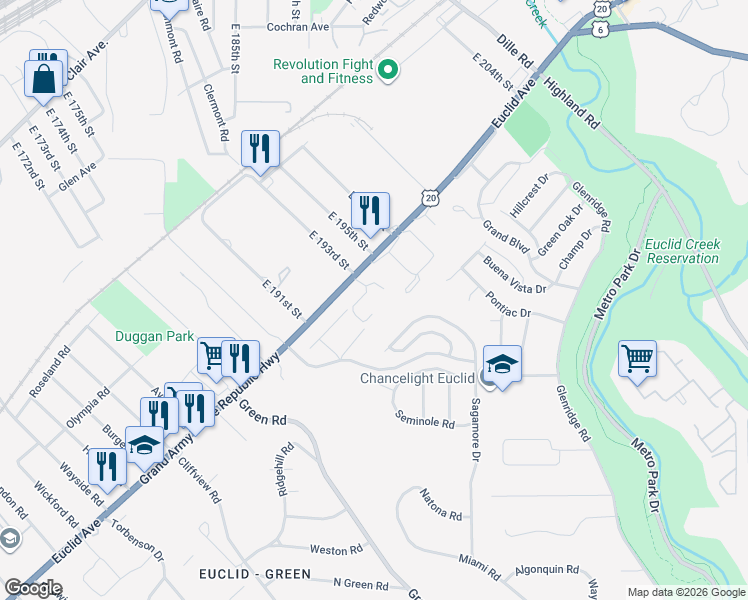 map of restaurants, bars, coffee shops, grocery stores, and more near 1575 East 193rd Street in Euclid