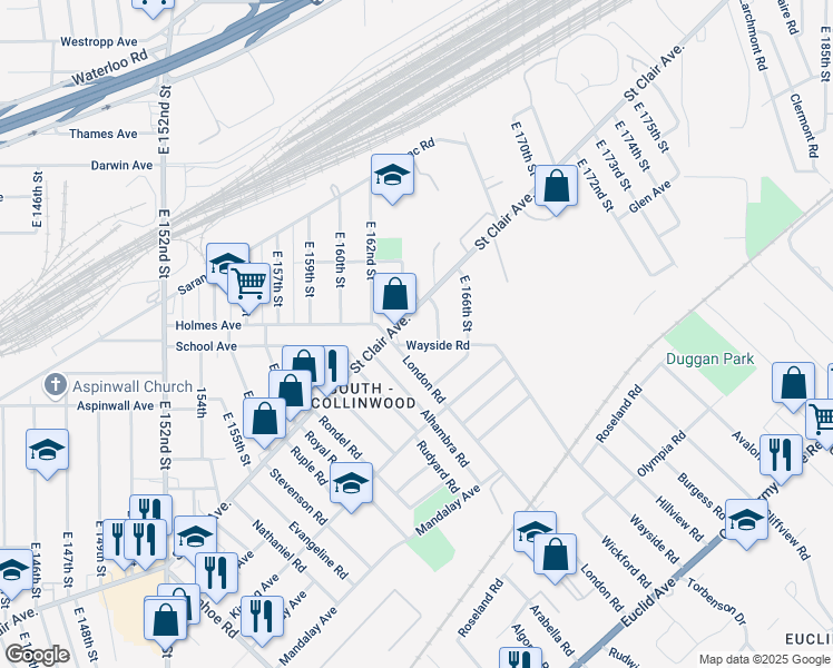 map of restaurants, bars, coffee shops, grocery stores, and more near 16412 Saint Clair Avenue in Cleveland