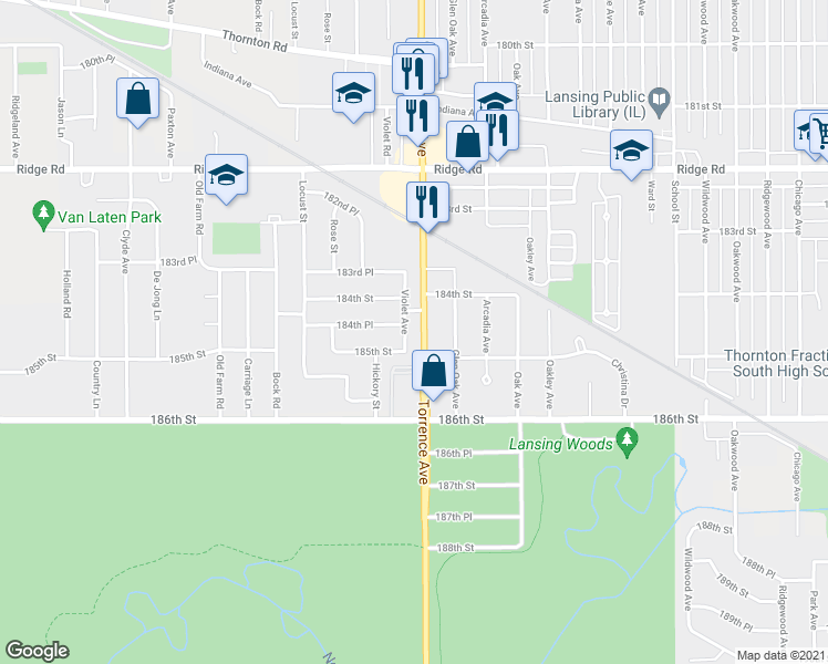 map of restaurants, bars, coffee shops, grocery stores, and more near 2356 184th Place in Lansing