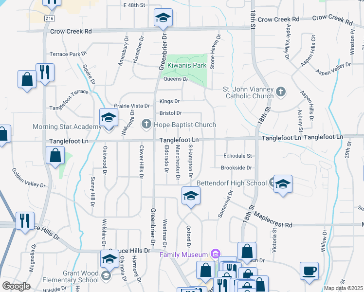 map of restaurants, bars, coffee shops, grocery stores, and more near 3753 Manchester Drive in Bettendorf