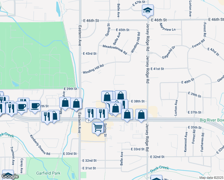 map of restaurants, bars, coffee shops, grocery stores, and more near 2012 East 38th Street Place in Davenport
