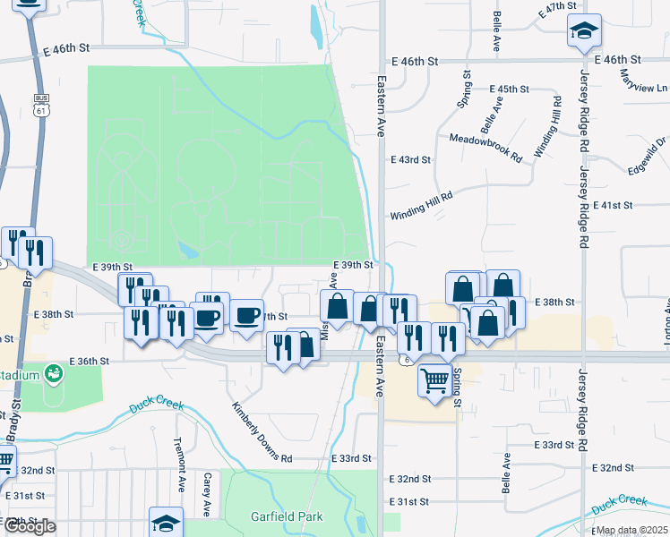 map of restaurants, bars, coffee shops, grocery stores, and more near 3827 Mississippi Avenue in Davenport