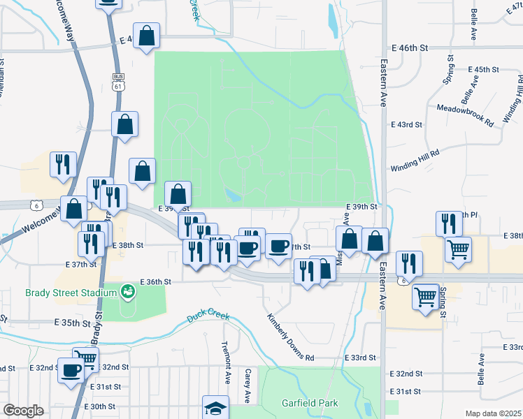 map of restaurants, bars, coffee shops, grocery stores, and more near 1100-1156 E 39th St in Davenport
