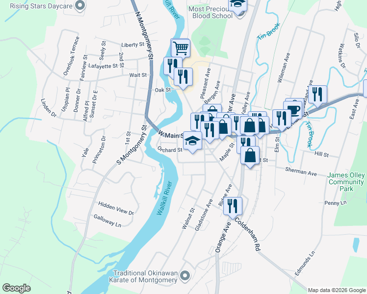 map of restaurants, bars, coffee shops, grocery stores, and more near 103 Main Street in Walden