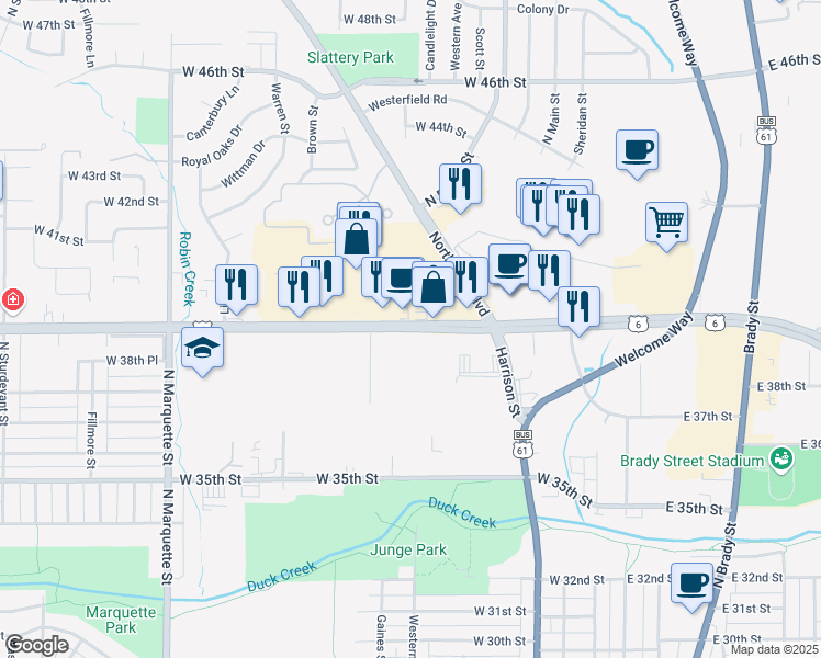 map of restaurants, bars, coffee shops, grocery stores, and more near 409 West Kimberly Road in Davenport