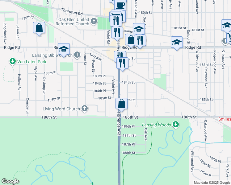 map of restaurants, bars, coffee shops, grocery stores, and more near 18428 Torrence Avenue in Lansing