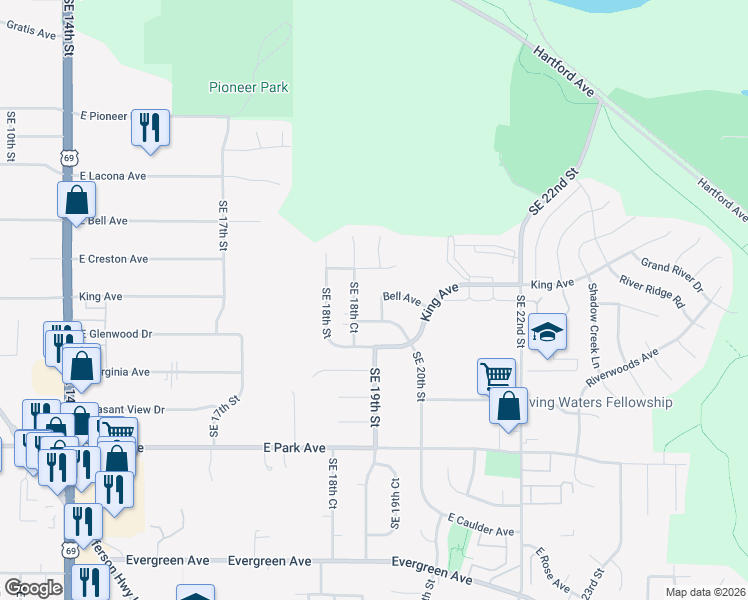 map of restaurants, bars, coffee shops, grocery stores, and more near 2608 Southeast 19th Street in Des Moines