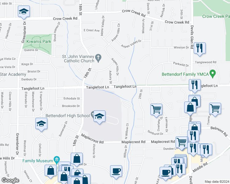 map of restaurants, bars, coffee shops, grocery stores, and more near 2727 Tanglefoot Lane in Bettendorf