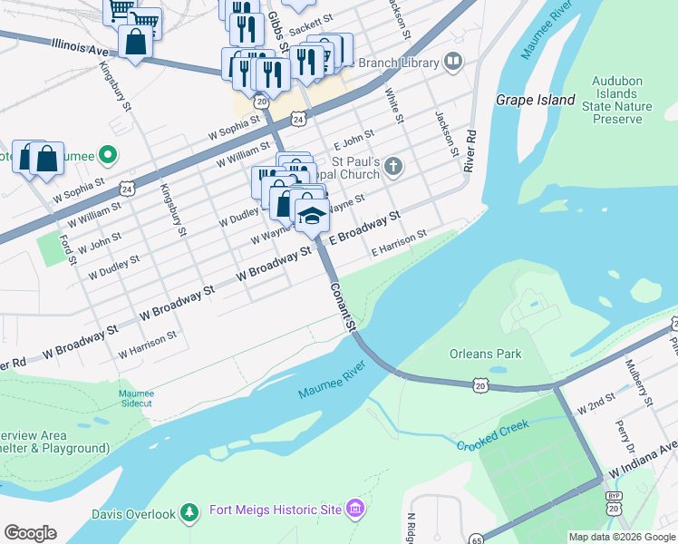 map of restaurants, bars, coffee shops, grocery stores, and more near 106 East Harrison Street in Maumee