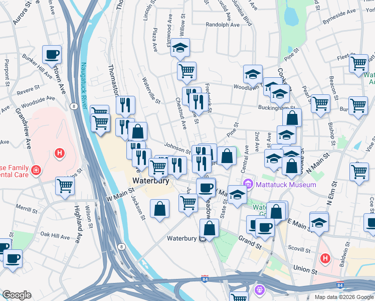 map of restaurants, bars, coffee shops, grocery stores, and more near 40 Johnson Street in Waterbury