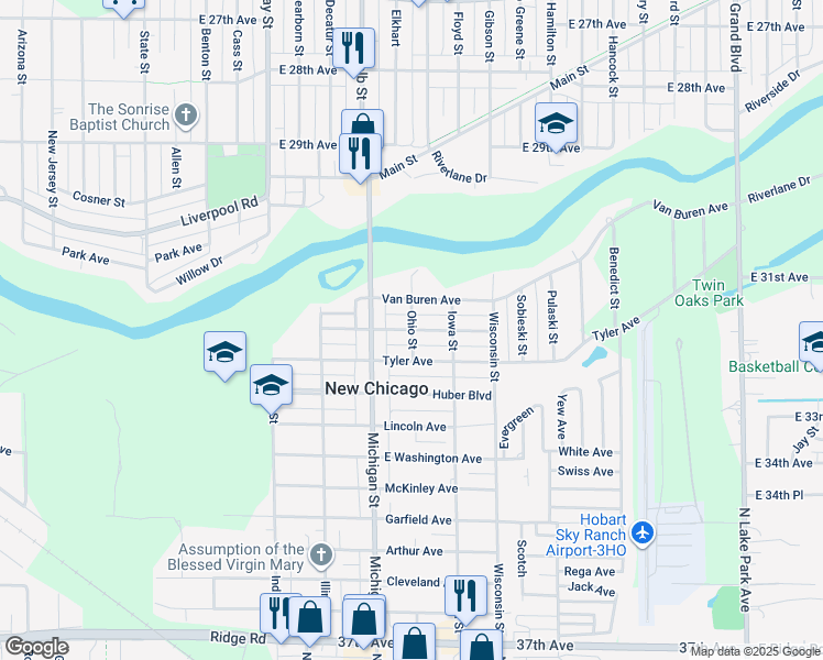 map of restaurants, bars, coffee shops, grocery stores, and more near 3198 Ohio Street in New Chicago