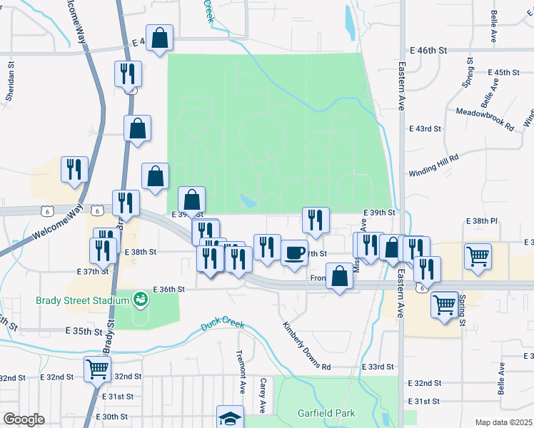 map of restaurants, bars, coffee shops, grocery stores, and more near 1100 East 39th Street in Davenport