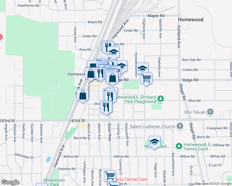 map of restaurants, bars, coffee shops, grocery stores, and more near 1933 Hickory Road in Homewood