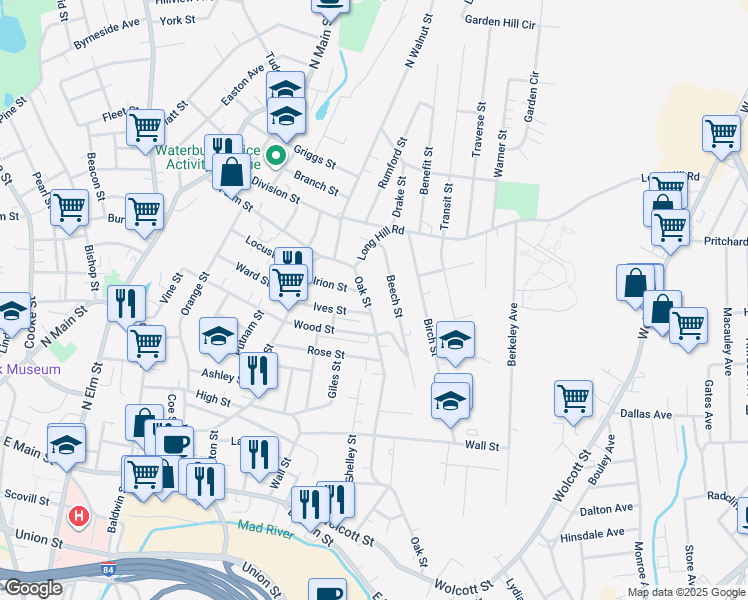 map of restaurants, bars, coffee shops, grocery stores, and more near 26 Oak Hill Avenue in Waterbury