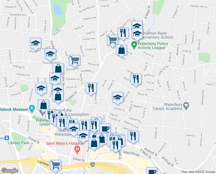 map of restaurants, bars, coffee shops, grocery stores, and more near 60 Vine Street in Waterbury