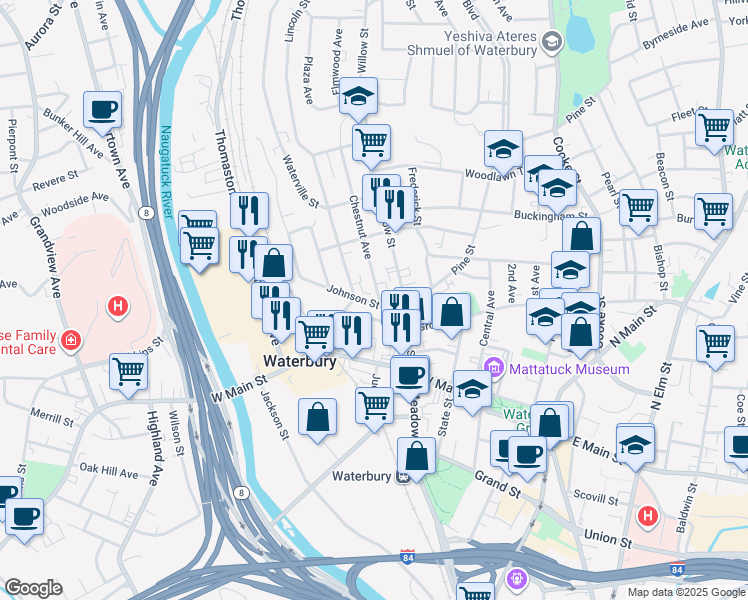 map of restaurants, bars, coffee shops, grocery stores, and more near 23 Chestnut Avenue in Waterbury