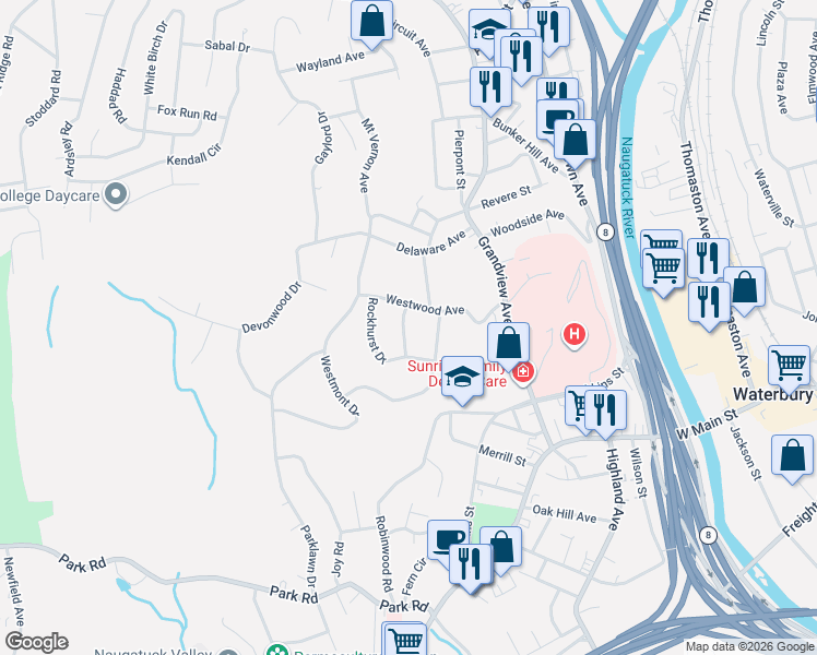 map of restaurants, bars, coffee shops, grocery stores, and more near 129 Westwood Avenue in Waterbury