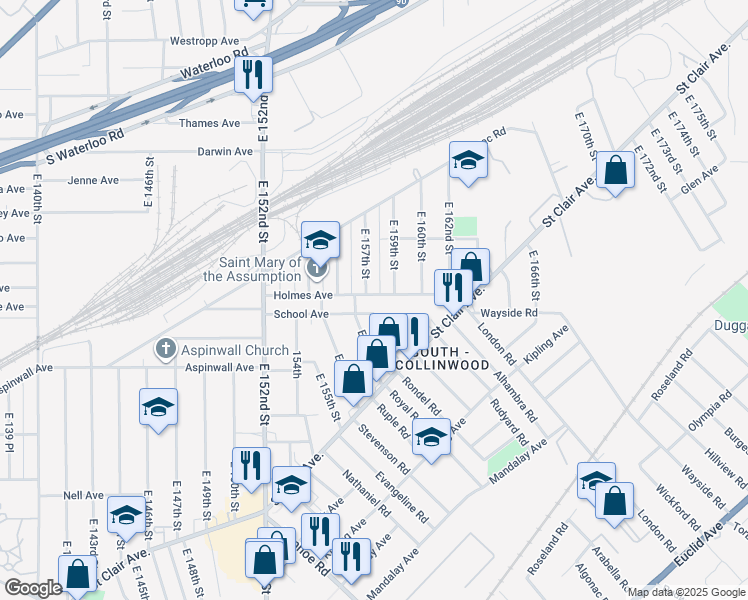 map of restaurants, bars, coffee shops, grocery stores, and more near 15621 Holmes Avenue in Cleveland