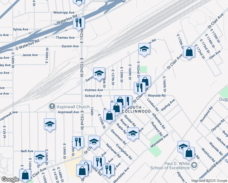 map of restaurants, bars, coffee shops, grocery stores, and more near 15621 Holmes Avenue in Cleveland