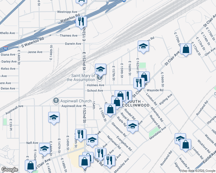map of restaurants, bars, coffee shops, grocery stores, and more near 15621 Holmes Avenue in Cleveland
