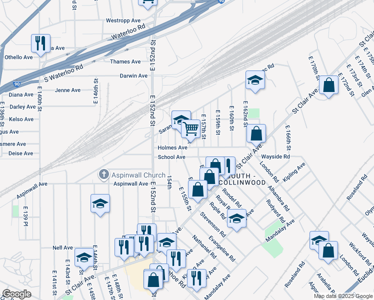 map of restaurants, bars, coffee shops, grocery stores, and more near 15519 Holmes Avenue in Cleveland