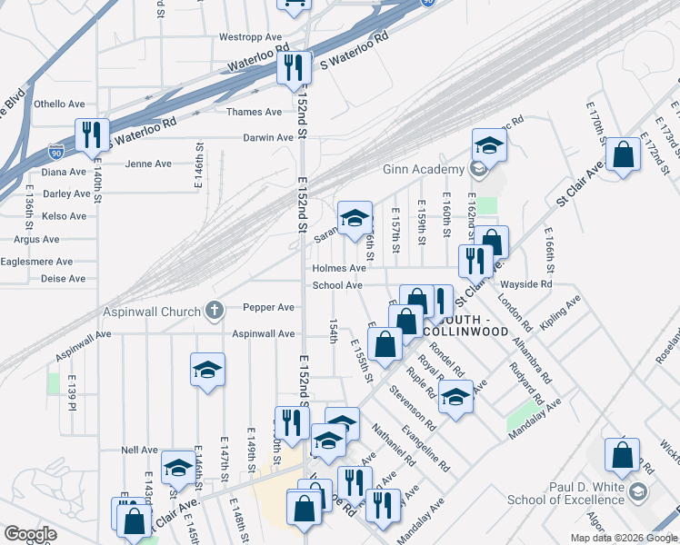 map of restaurants, bars, coffee shops, grocery stores, and more near 15307 Holmes Avenue in Cleveland