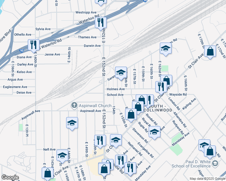 map of restaurants, bars, coffee shops, grocery stores, and more near 15307 Holmes Avenue in Cleveland