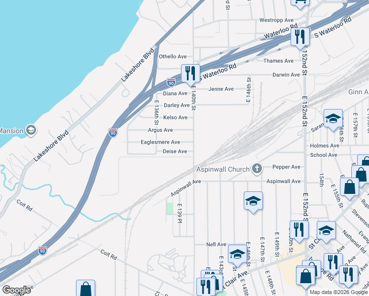 map of restaurants, bars, coffee shops, grocery stores, and more near 13804 Eaglesmere Avenue in Cleveland