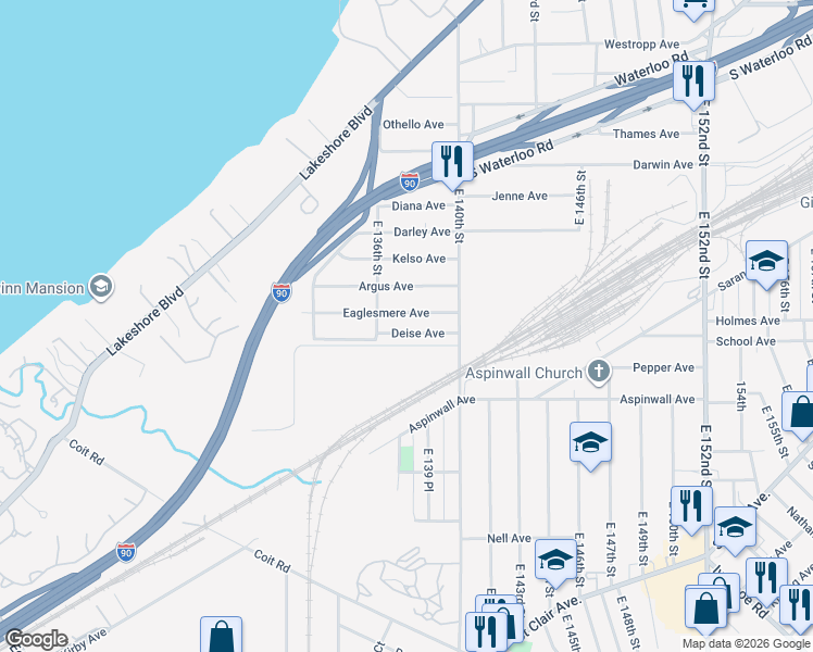 map of restaurants, bars, coffee shops, grocery stores, and more near 13612 Eaglesmere Avenue in Cleveland
