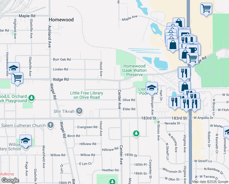 map of restaurants, bars, coffee shops, grocery stores, and more near 1220 Hickory Road in Homewood