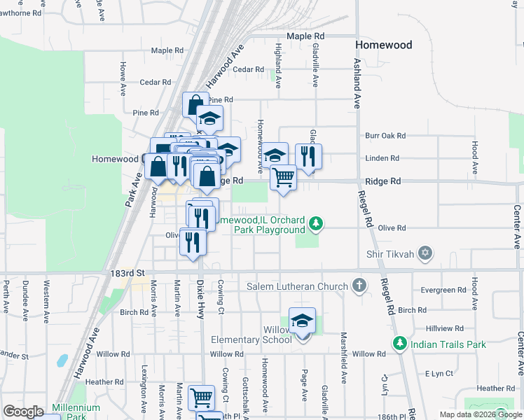 map of restaurants, bars, coffee shops, grocery stores, and more near 1826 Sycamore Road in Homewood