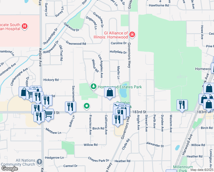 map of restaurants, bars, coffee shops, grocery stores, and more near 18116 Cherrywood Lane in Homewood