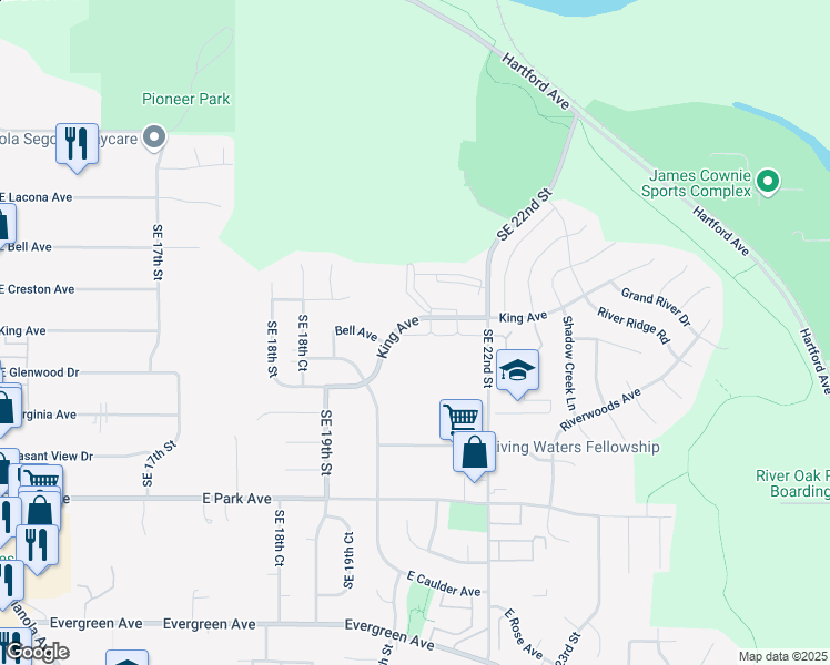 map of restaurants, bars, coffee shops, grocery stores, and more near 2051 King Avenue in Des Moines