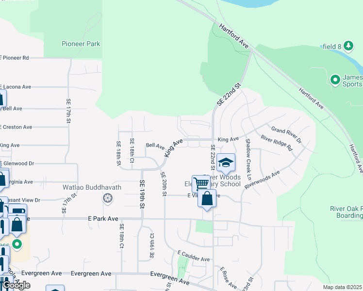 map of restaurants, bars, coffee shops, grocery stores, and more near 2051 King Avenue in Des Moines