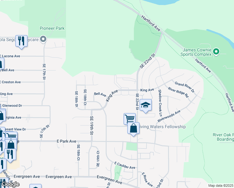 map of restaurants, bars, coffee shops, grocery stores, and more near 2051 King Avenue in Des Moines