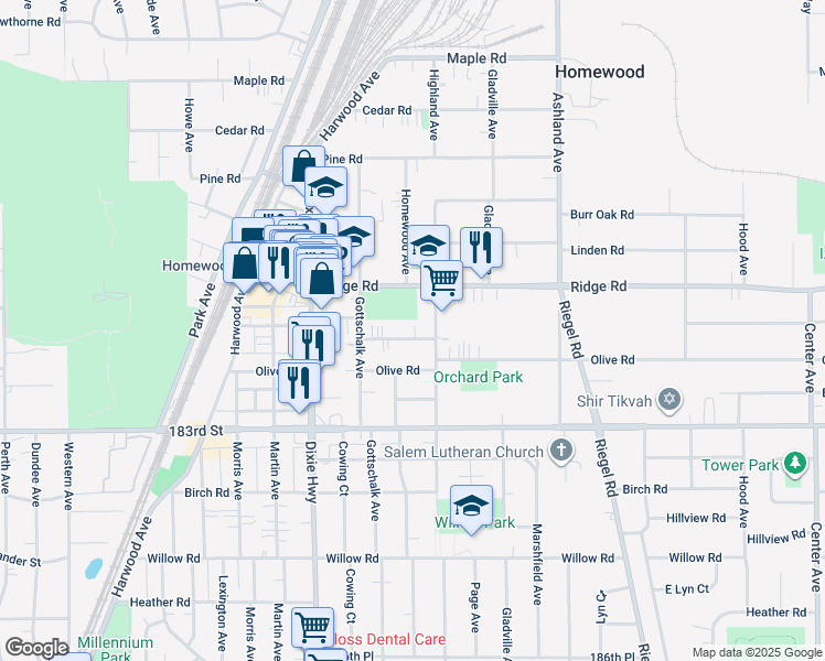 map of restaurants, bars, coffee shops, grocery stores, and more near 1822 Sycamore Road in Homewood