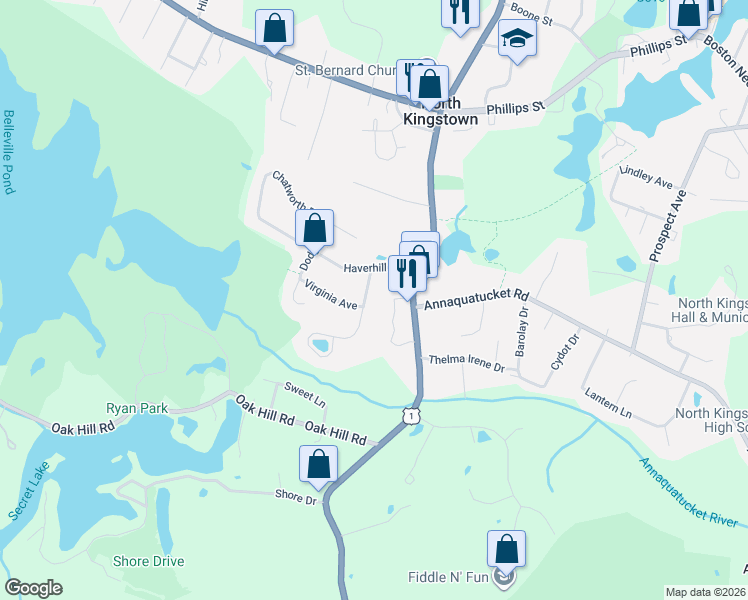 map of restaurants, bars, coffee shops, grocery stores, and more near 40 Haverhill Avenue in North Kingstown