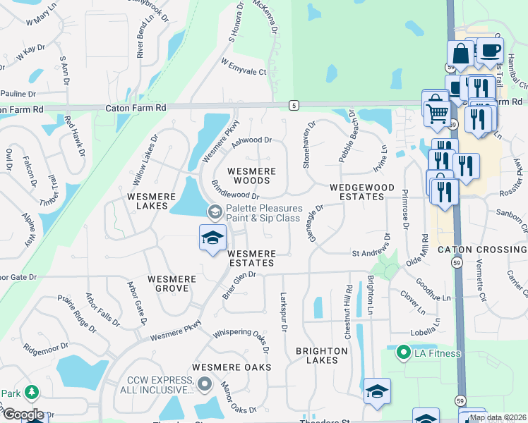map of restaurants, bars, coffee shops, grocery stores, and more near 5300 Brindlewood Drive in Plainfield
