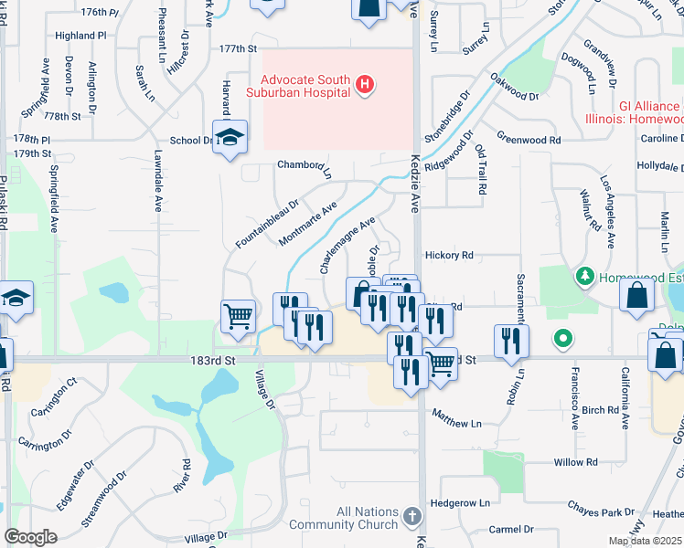 map of restaurants, bars, coffee shops, grocery stores, and more near 18110 Orleans Drive in Hazel Crest