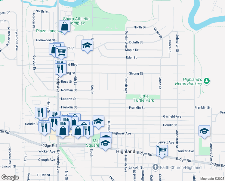 map of restaurants, bars, coffee shops, grocery stores, and more near 8417 Delaware Street in Highland