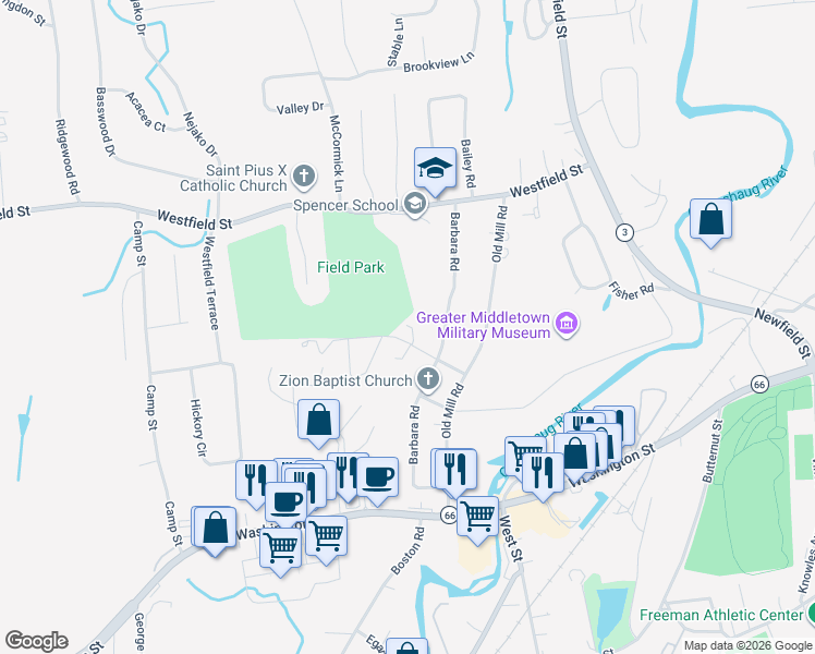 map of restaurants, bars, coffee shops, grocery stores, and more near 80 Nathan Hale Road in Middletown