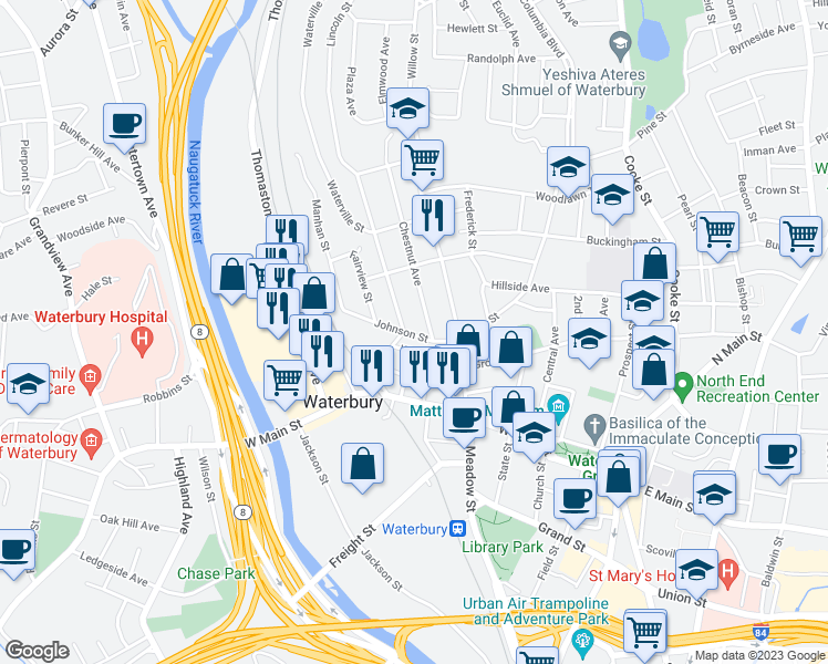 map of restaurants, bars, coffee shops, grocery stores, and more near 50 Johnson Street in Waterbury