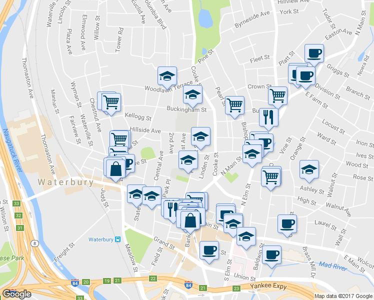 map of restaurants, bars, coffee shops, grocery stores, and more near 12 1st Avenue in Waterbury