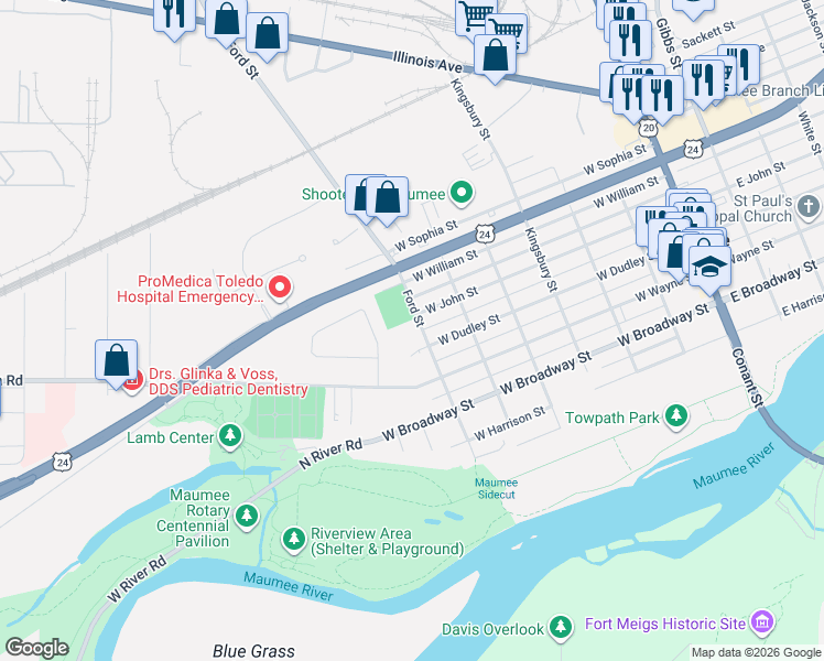 map of restaurants, bars, coffee shops, grocery stores, and more near 509 Ford Street in Maumee