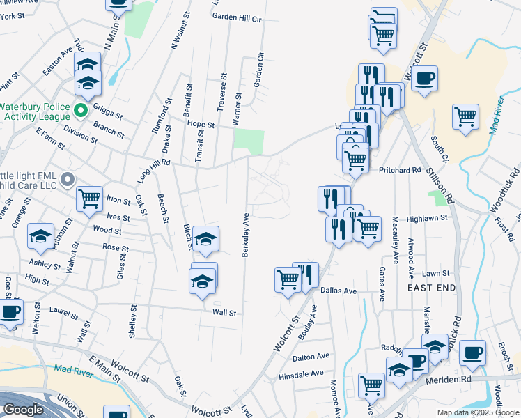 map of restaurants, bars, coffee shops, grocery stores, and more near 171 Harris Circle in Waterbury