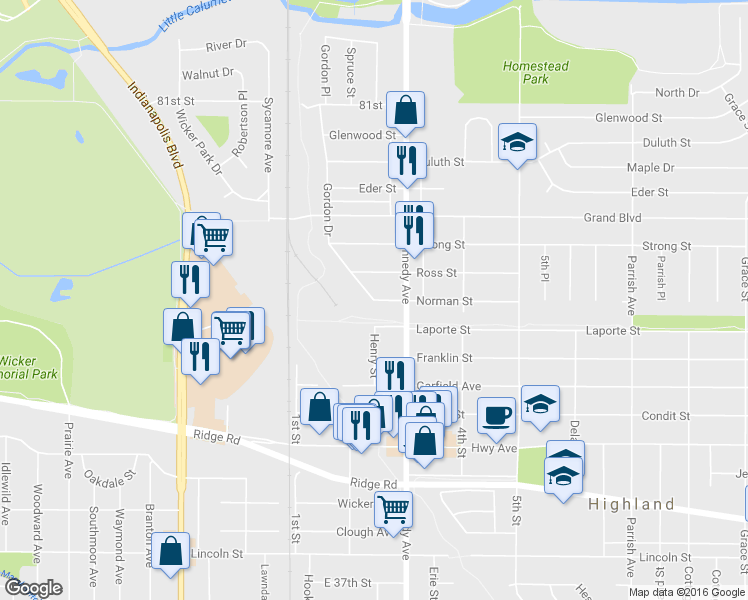 map of restaurants, bars, coffee shops, grocery stores, and more near 2725 Norman Street in Highland