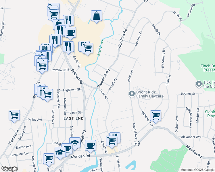 map of restaurants, bars, coffee shops, grocery stores, and more near 494 Woodtick Road in Waterbury
