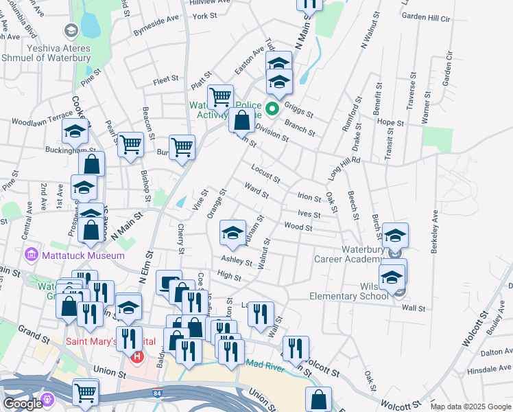 map of restaurants, bars, coffee shops, grocery stores, and more near 54 Ward Street in Waterbury