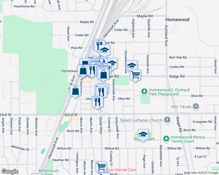 map of restaurants, bars, coffee shops, grocery stores, and more near 1935 Hickory Road in Homewood